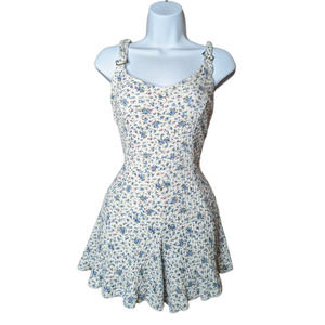 Vintage 90s Ditsy Floral White Blue Stretchy Rib Knit Sleeveless Romper Sz M